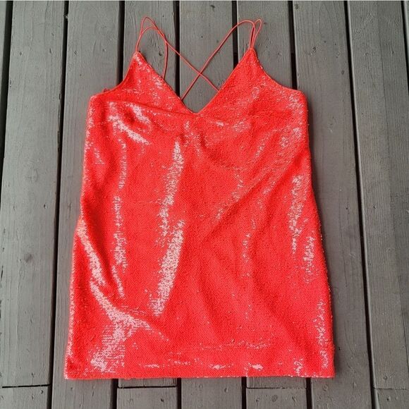 Asos Plunge Cami Dress‎ Mini Strappy Open Back Sequin Coral Size 14US - Picture 1 of 9